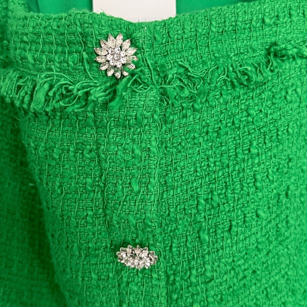 Zara Tweed Boucle squared neck long sleeves Jewel Buttons Green Dress Sz Large - Picture 6 of 15